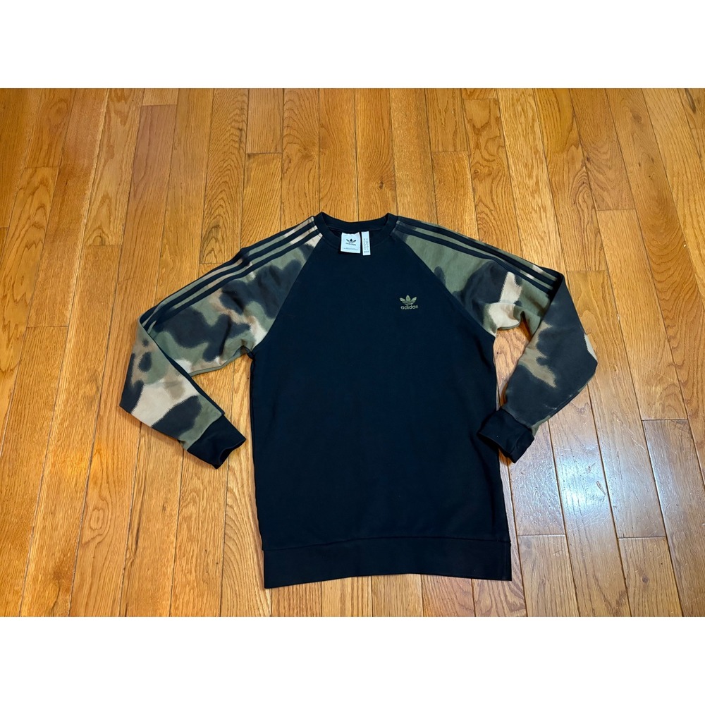 Adidas Originals Black Camo Raglan Crewneck Sweatshirt Small Embroidered Trefoil